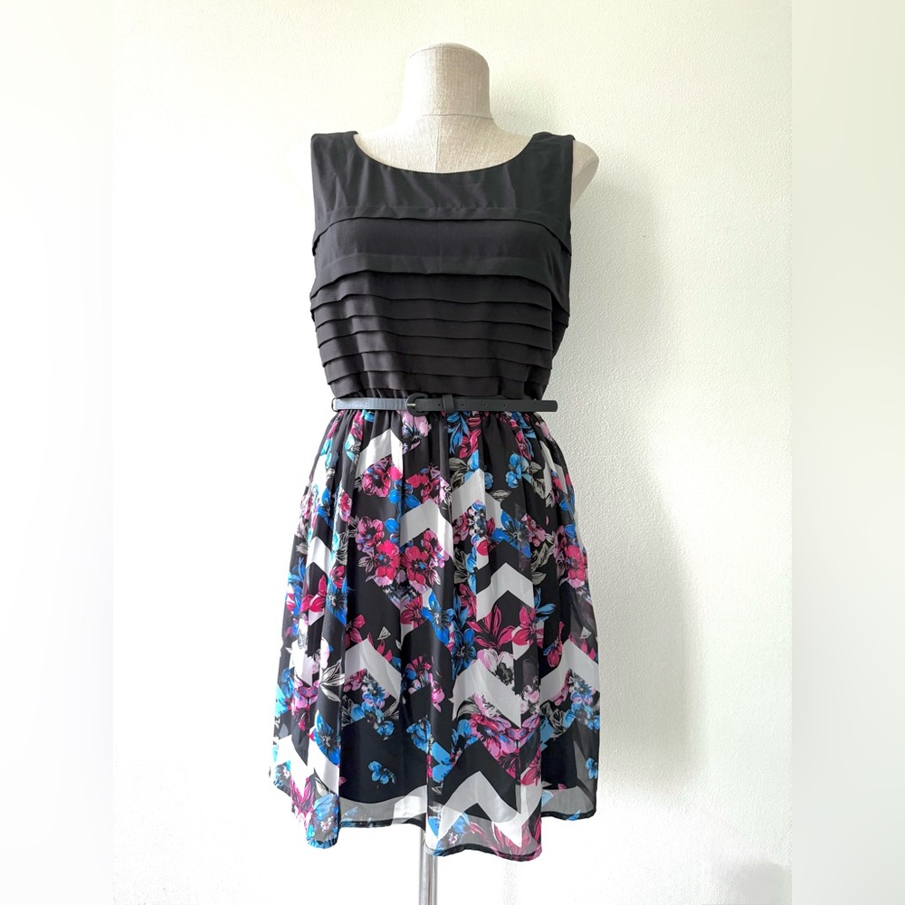 Lily Rose Black and Multicolor Chevron Floral Chiffon Fit and Flare Dress - Picture 3 of 13